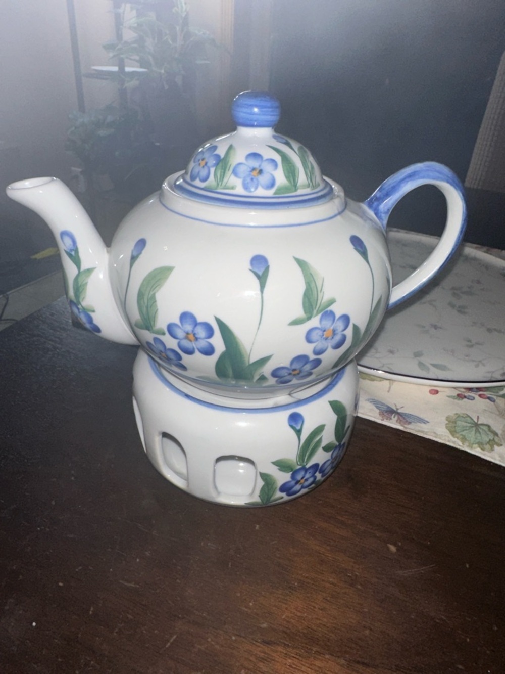 Hand-Painted Floral Ceramic Tea Pot & Warmer